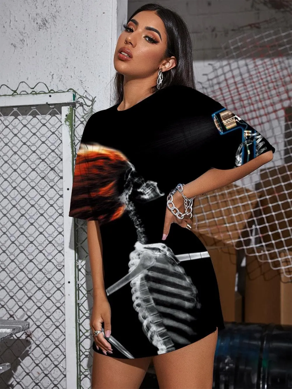 Skull T-shirt Women Skeleton Summer Hair Dryer Tshirt Printed Hip Hop Shirt Print