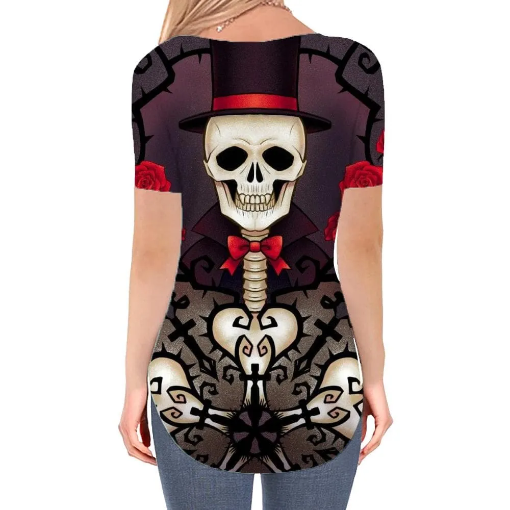Skull T Shirt Women Skeleton T-shirts 3d Flower Funny T shirts Hip Hop V-neck Tshirt