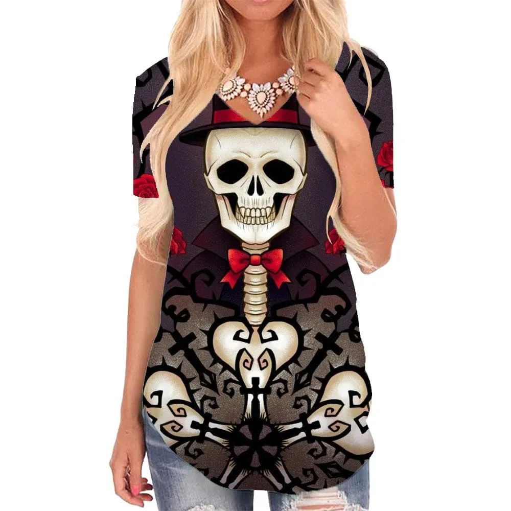 Skull T Shirt Women Skeleton T-shirts 3d Flower Funny T shirts Hip Hop V-neck Tshirt