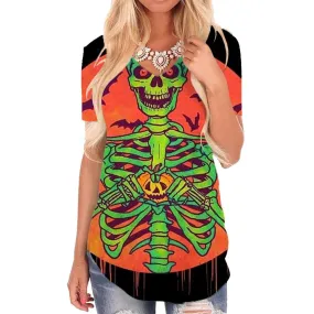 Skull T Shirt Women Skeleton T-shirts 3d Halloween V-neck Tshirt Moon Shirt Print Crow Funny T shirts