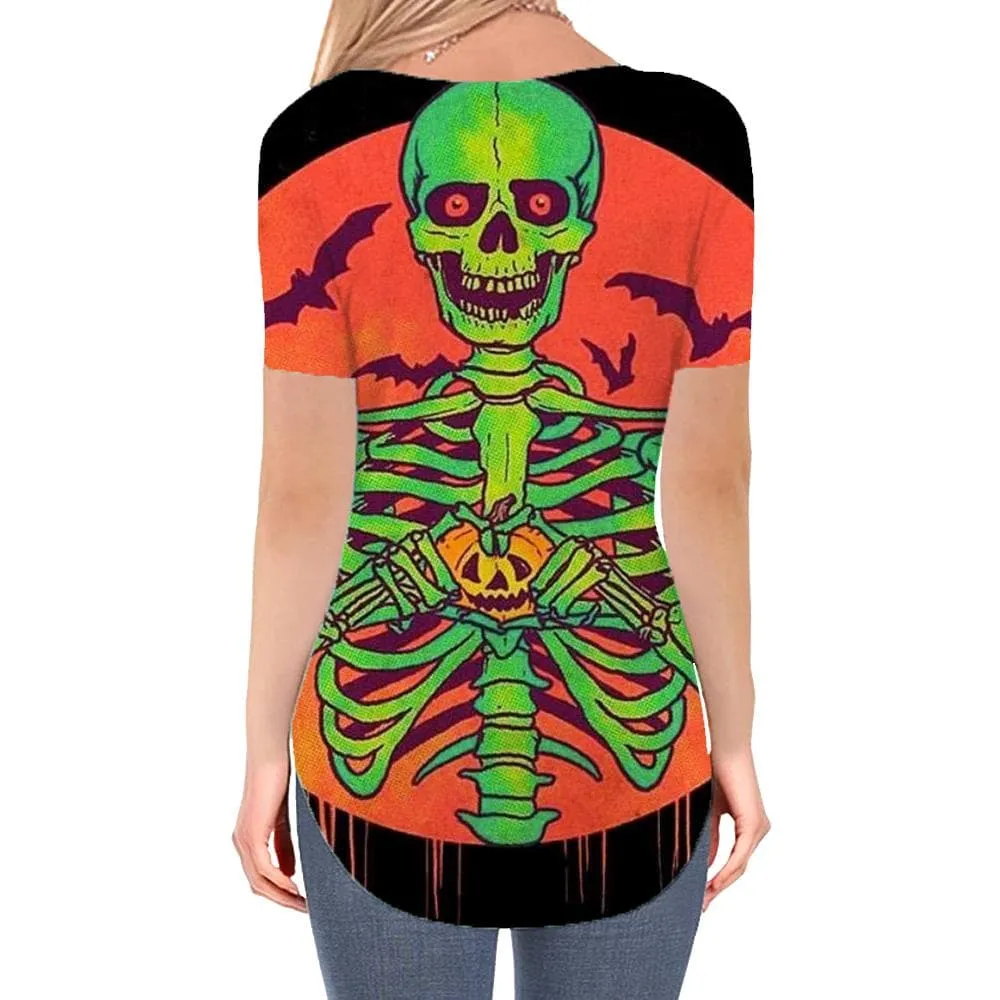 Skull T Shirt Women Skeleton T-shirts 3d Halloween V-neck Tshirt Moon Shirt Print Crow Funny T shirts