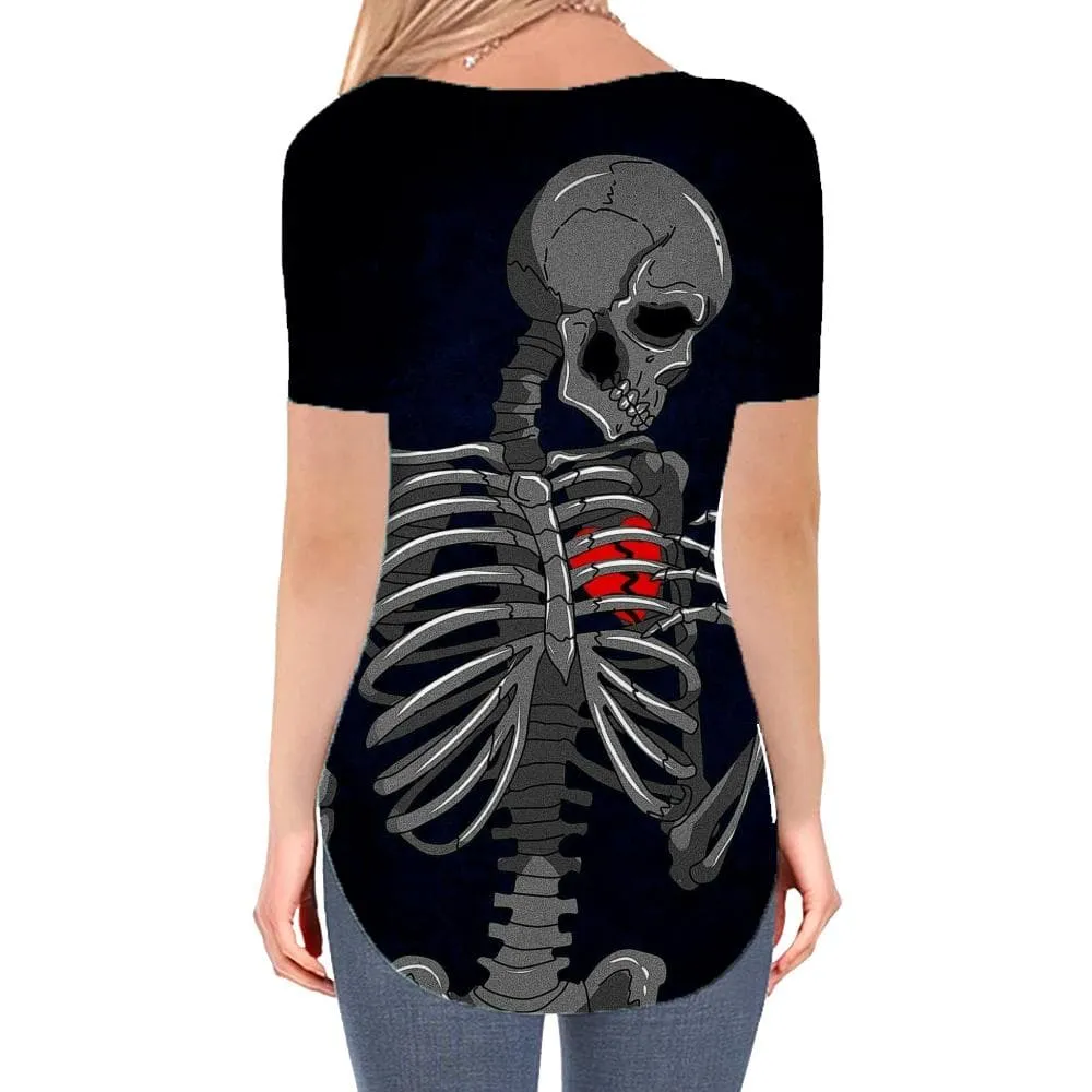 Skull T-shirt women Skeleton Tshirts Printed Broken Heart T-shirts 3d Rock V-neck Tshirt