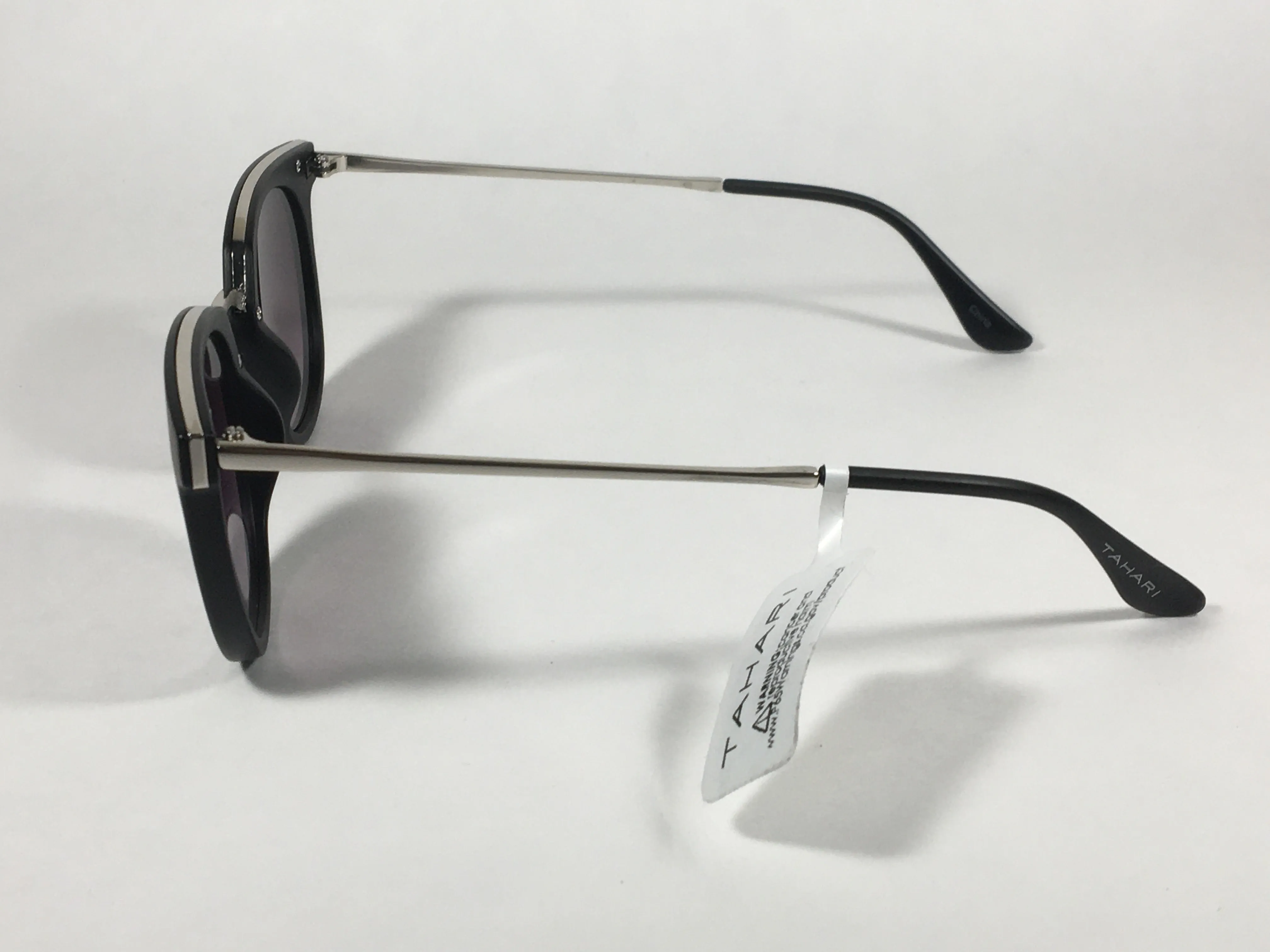 Tahari Round Sunglasses Matte Black Silver Frame Gray Gradient Lens TH713 MOX