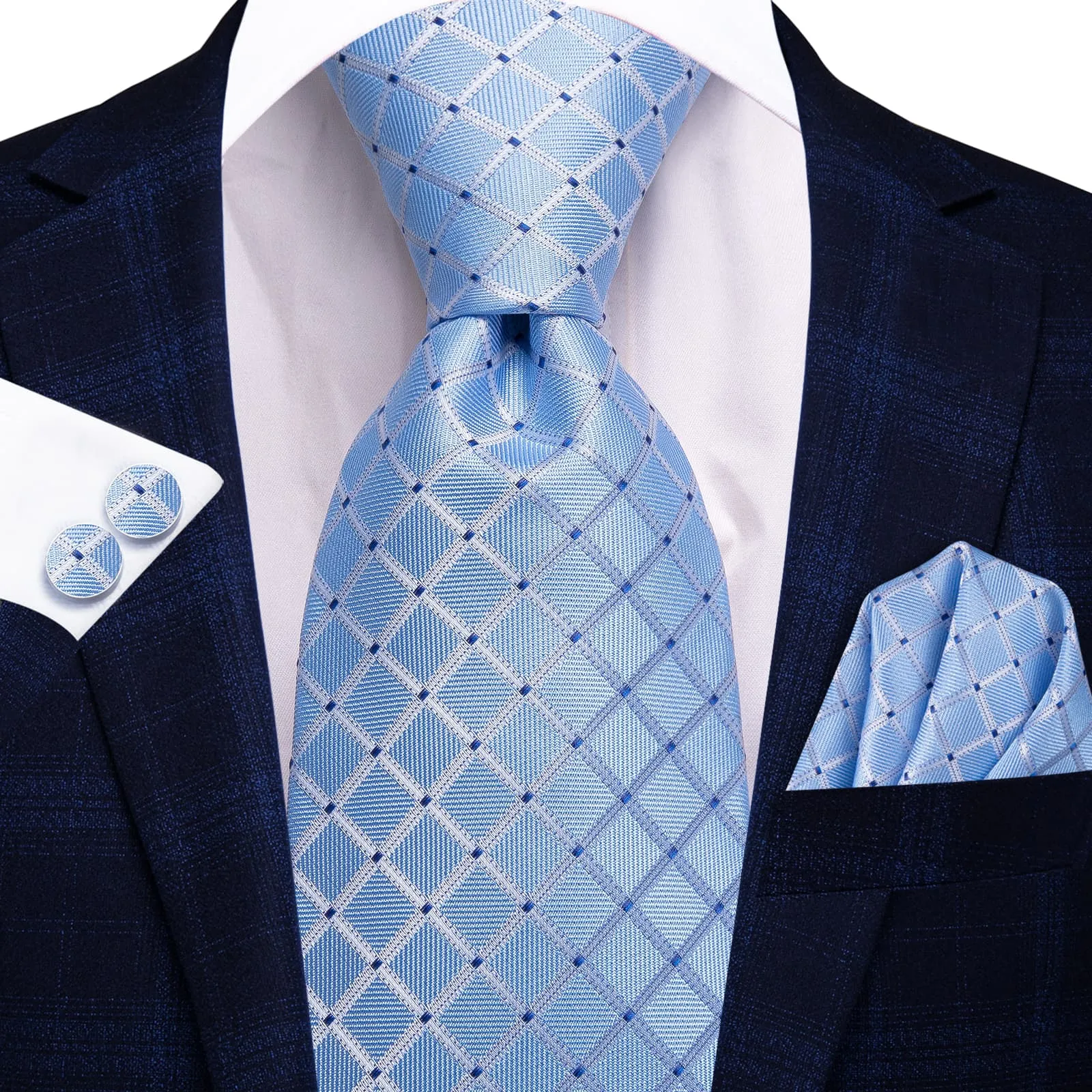 Ties2you Business Tie Sky Blue Plaid Silk Mens Dress Suit Necktie Handkerchief Cufflinks Set