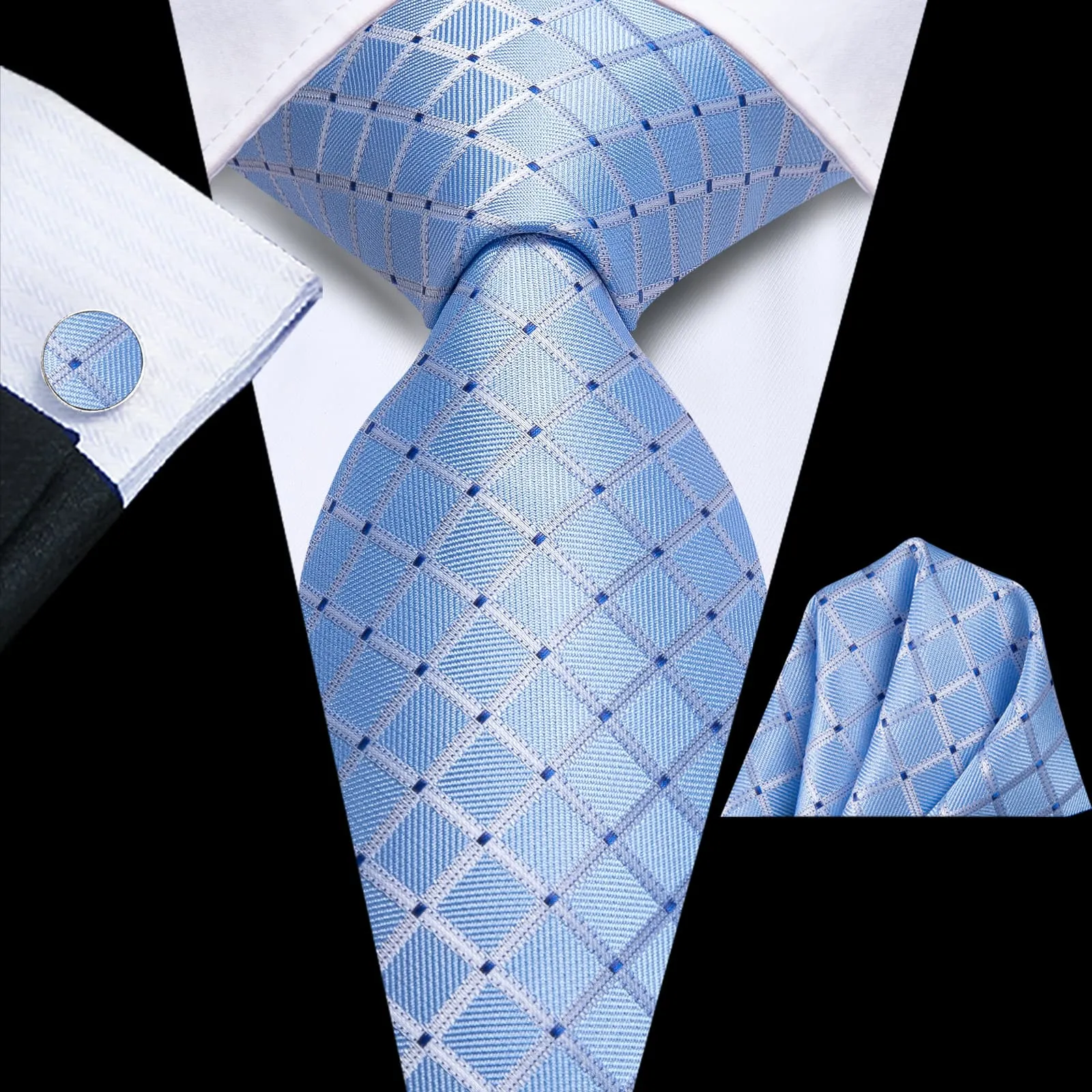 Ties2you Business Tie Sky Blue Plaid Silk Mens Dress Suit Necktie Handkerchief Cufflinks Set