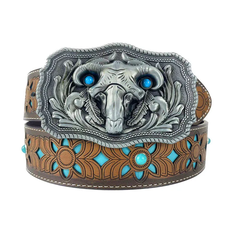 TOPACC Western Turquoise Belts - Square Turquoise Bull Head Buckle Copper/Bronze