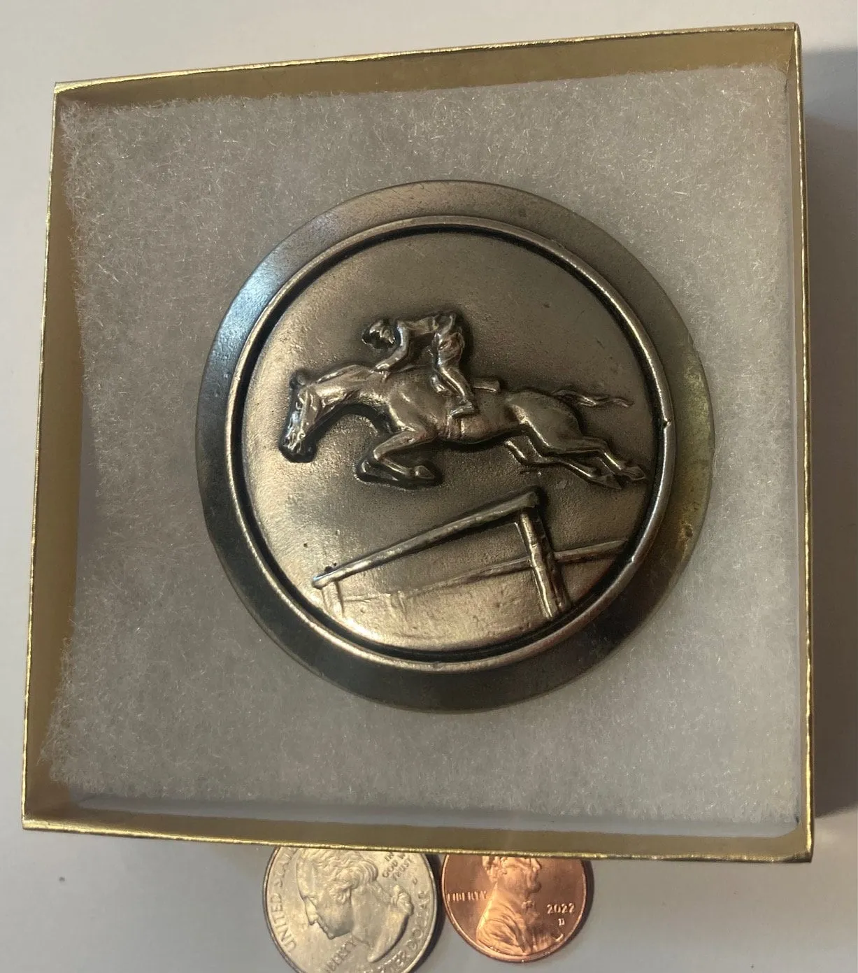 Vintage 1977 Metal Belt Buckle, Horse Jumping, Nice Western Design, 2 1/2" x 2 1/2", Heavy Duty, Quality, Thick Metal, Made in USA