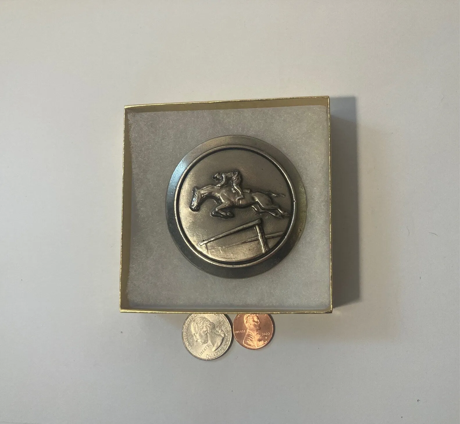 Vintage 1977 Metal Belt Buckle, Horse Jumping, Nice Western Design, 2 1/2" x 2 1/2", Heavy Duty, Quality, Thick Metal, Made in USA