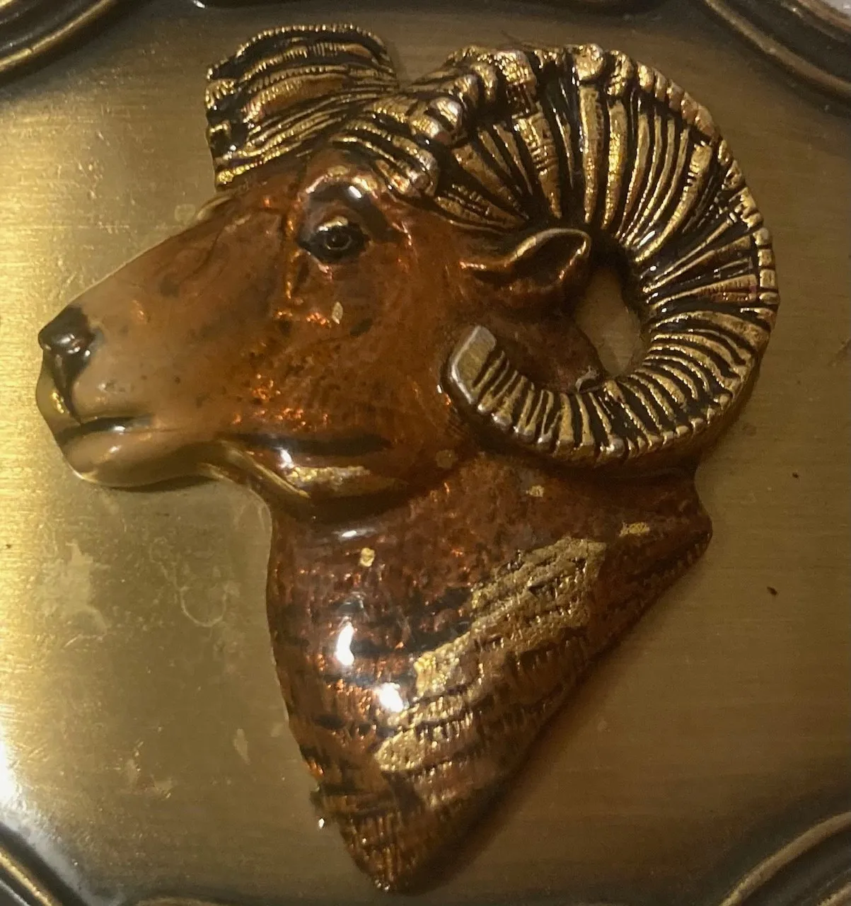 Vintage 1980 Metal Belt Buckle, Brass, Raintree, Mountain Ram, Goat, Wildlife, Nice Western Design, 3 1/2" x 2 1/2", Heavy Duty