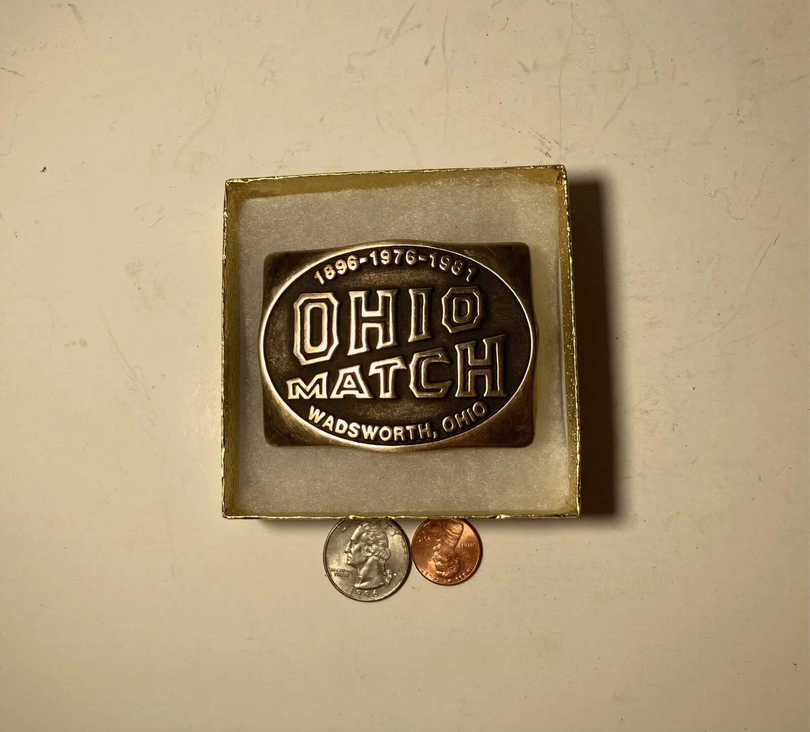 Vintage 1982 Metal Belt Buckle, Brass, The Ohio Match Company, Wadsworth, Ohio, Nice Design, 3" x 2 1/4", Heavy Duty, Quality, Thick Metal