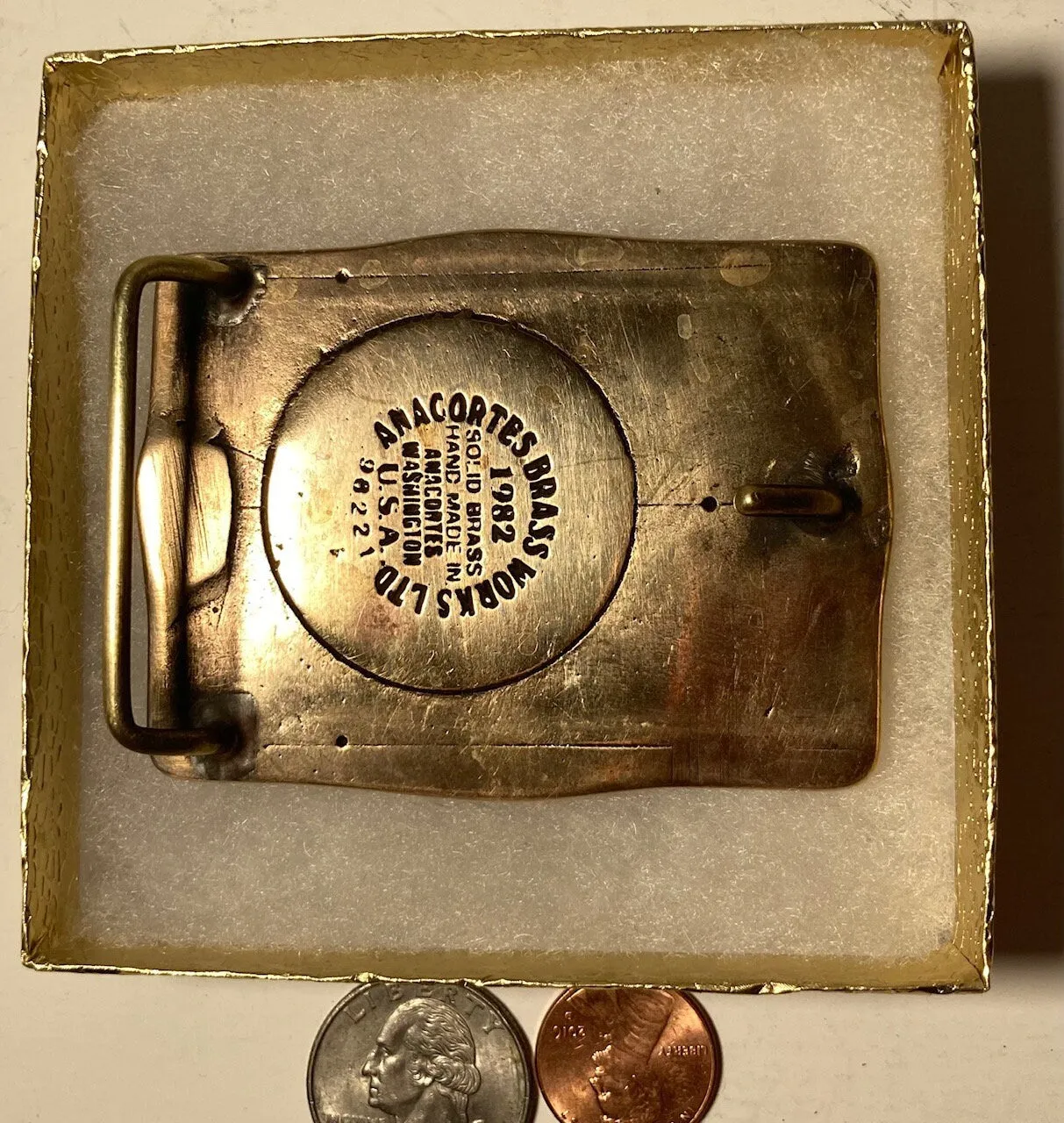 Vintage 1982 Metal Belt Buckle, Brass, The Ohio Match Company, Wadsworth, Ohio, Nice Design, 3" x 2 1/4", Heavy Duty, Quality, Thick Metal