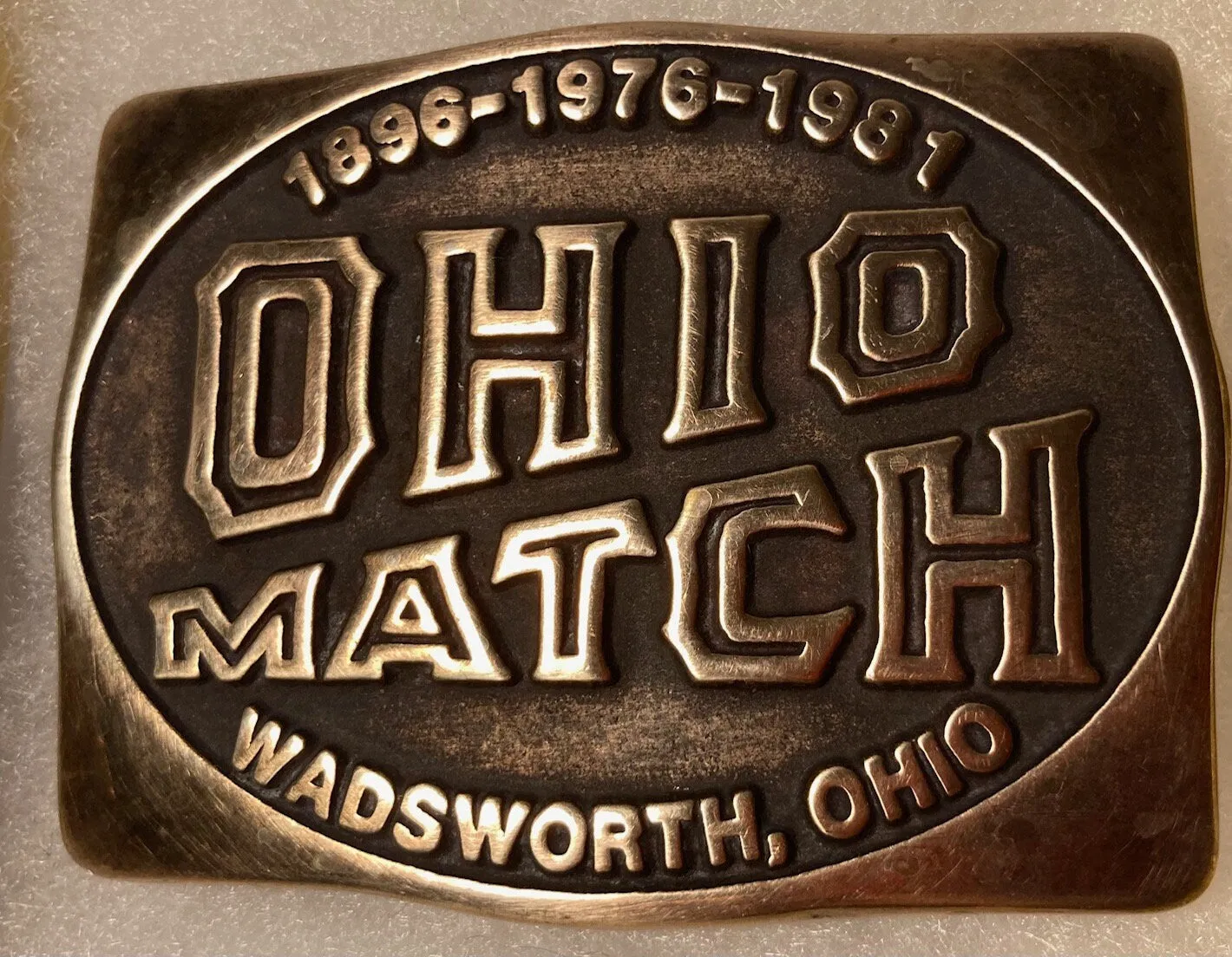 Vintage 1982 Metal Belt Buckle, Brass, The Ohio Match Company, Wadsworth, Ohio, Nice Design, 3" x 2 1/4", Heavy Duty, Quality, Thick Metal