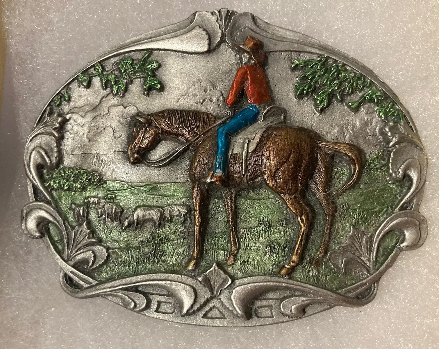 Vintage 1983 Metal Belt Buckle, Rancher, Horse, Nice Western Style Design, 3" x 2 1/4", Heavy Duty, Quality, Thick Metal, Made in USA