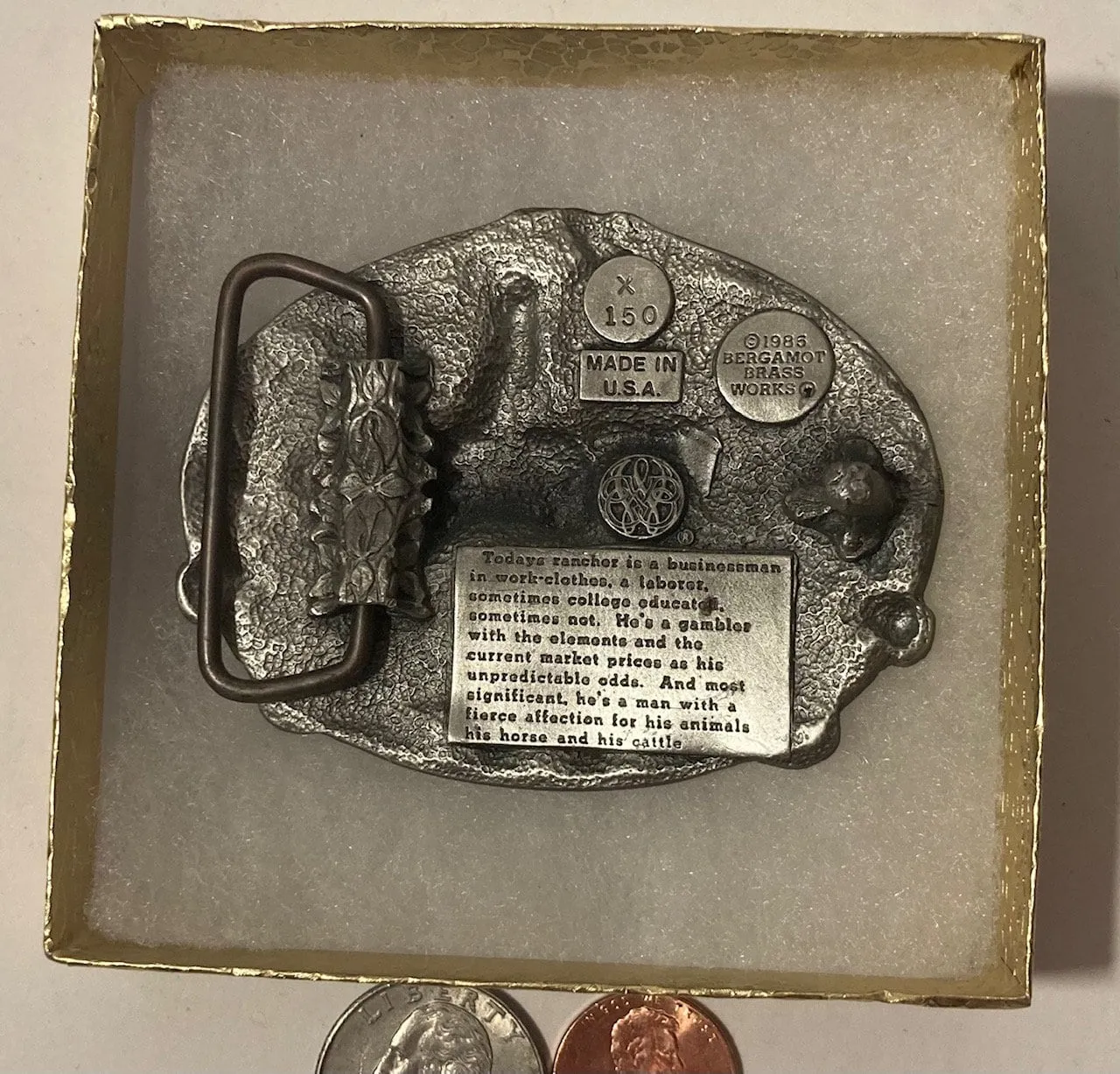 Vintage 1983 Metal Belt Buckle, Rancher, Horse, Nice Western Style Design, 3" x 2 1/4", Heavy Duty, Quality, Thick Metal, Made in USA