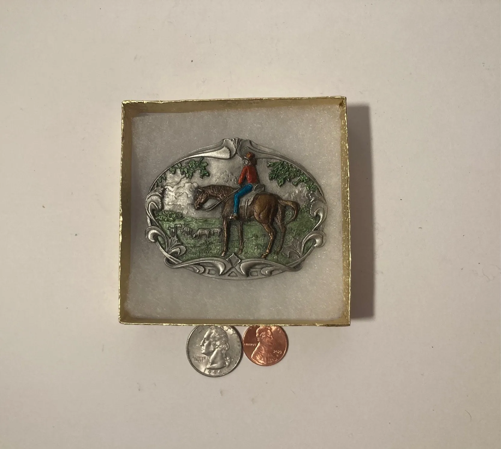 Vintage 1983 Metal Belt Buckle, Rancher, Horse, Nice Western Style Design, 3" x 2 1/4", Heavy Duty, Quality, Thick Metal, Made in USA