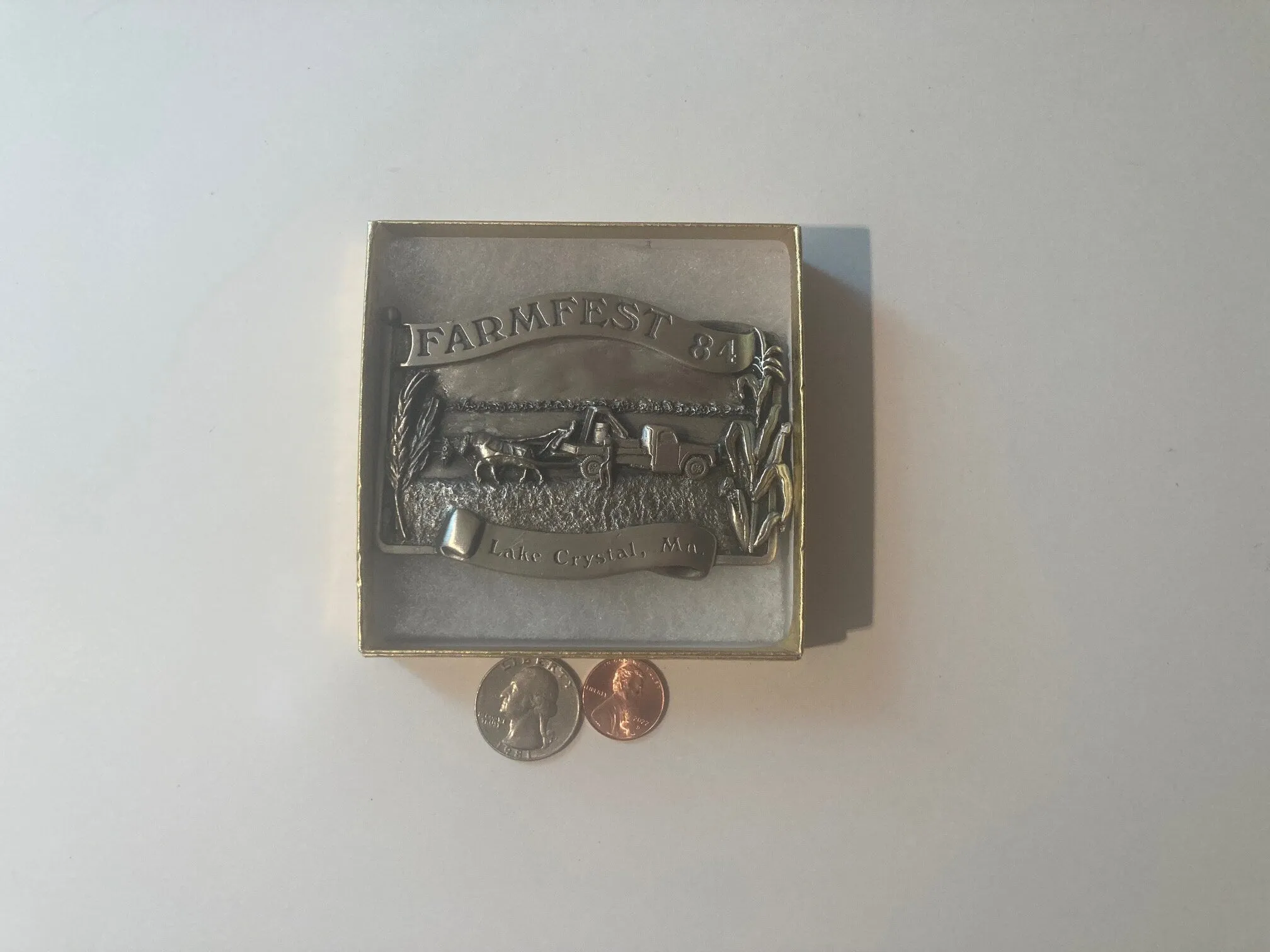 Vintage 1984 Metal Belt Buckle, Lake Crystal, MN, Farmfest 84, Honoring The American Family Farmer, Nice Western Design