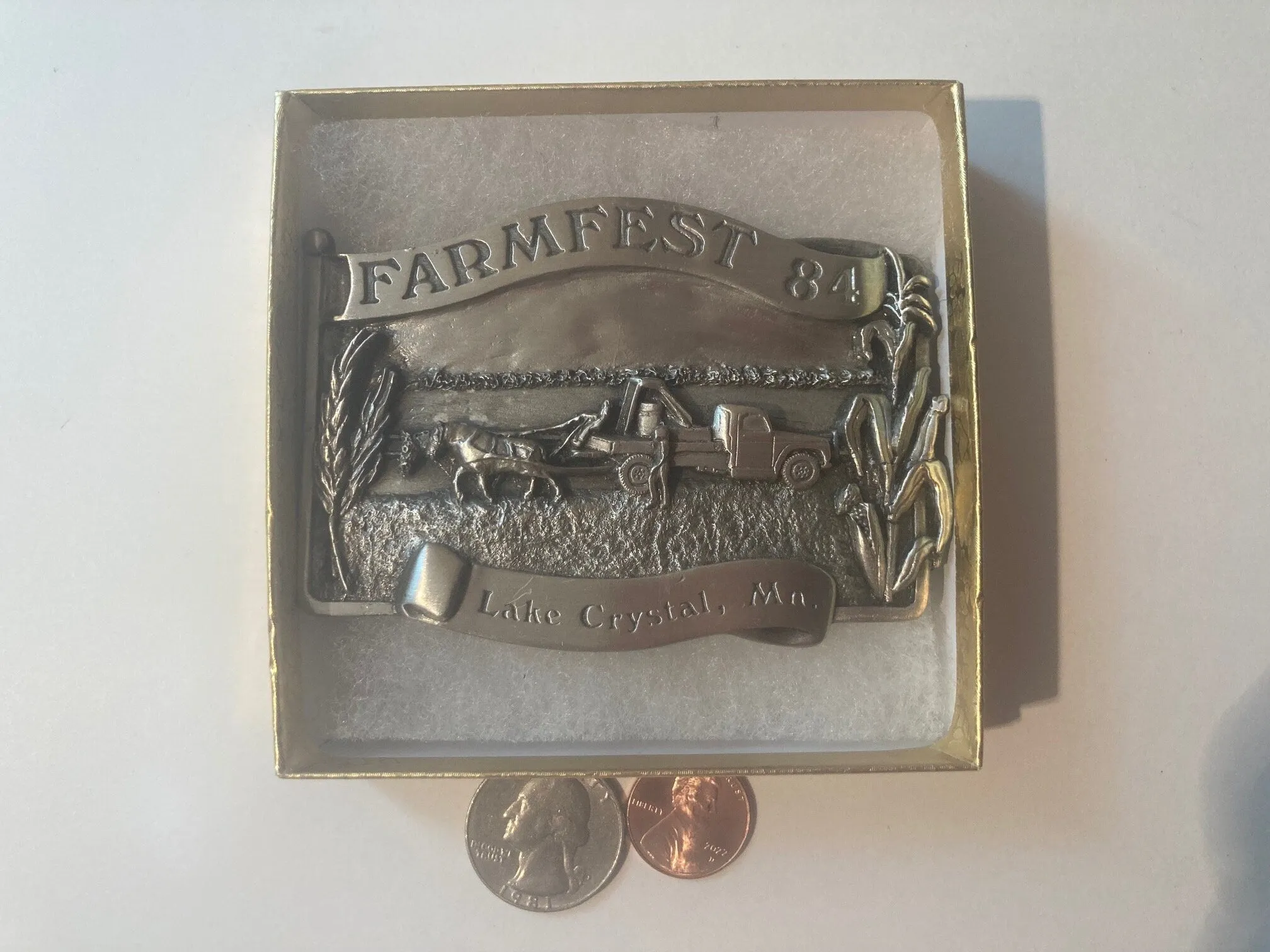 Vintage 1984 Metal Belt Buckle, Lake Crystal, MN, Farmfest 84, Honoring The American Family Farmer, Nice Western Design