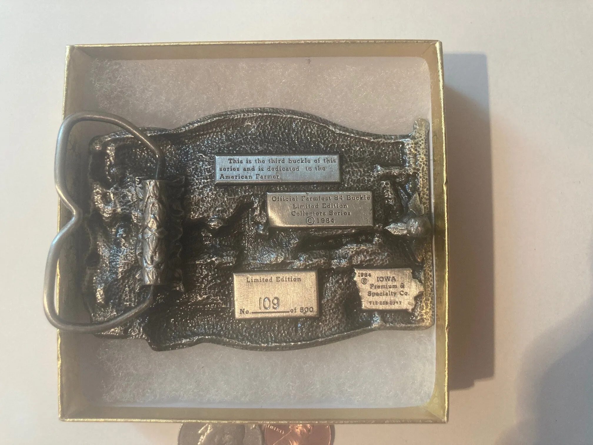 Vintage 1984 Metal Belt Buckle, Lake Crystal, MN, Farmfest 84, Honoring The American Family Farmer, Nice Western Design