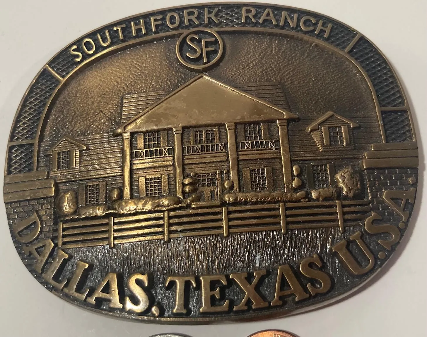 Vintage 1985 Metal Belt Buckle, Southfork Ranch, TV Show Dallas, Texas, Loramar Productions, Larry Hagman, J.R. Ewing, The Greatest TV Show