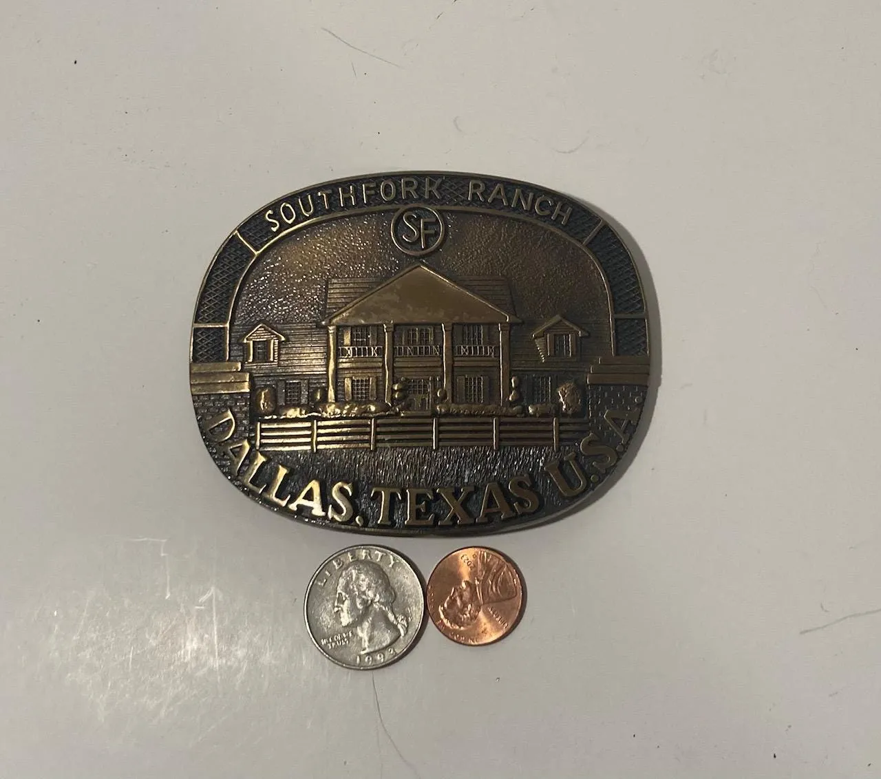 Vintage 1985 Metal Belt Buckle, Southfork Ranch, TV Show Dallas, Texas, Loramar Productions, Larry Hagman, J.R. Ewing, The Greatest TV Show