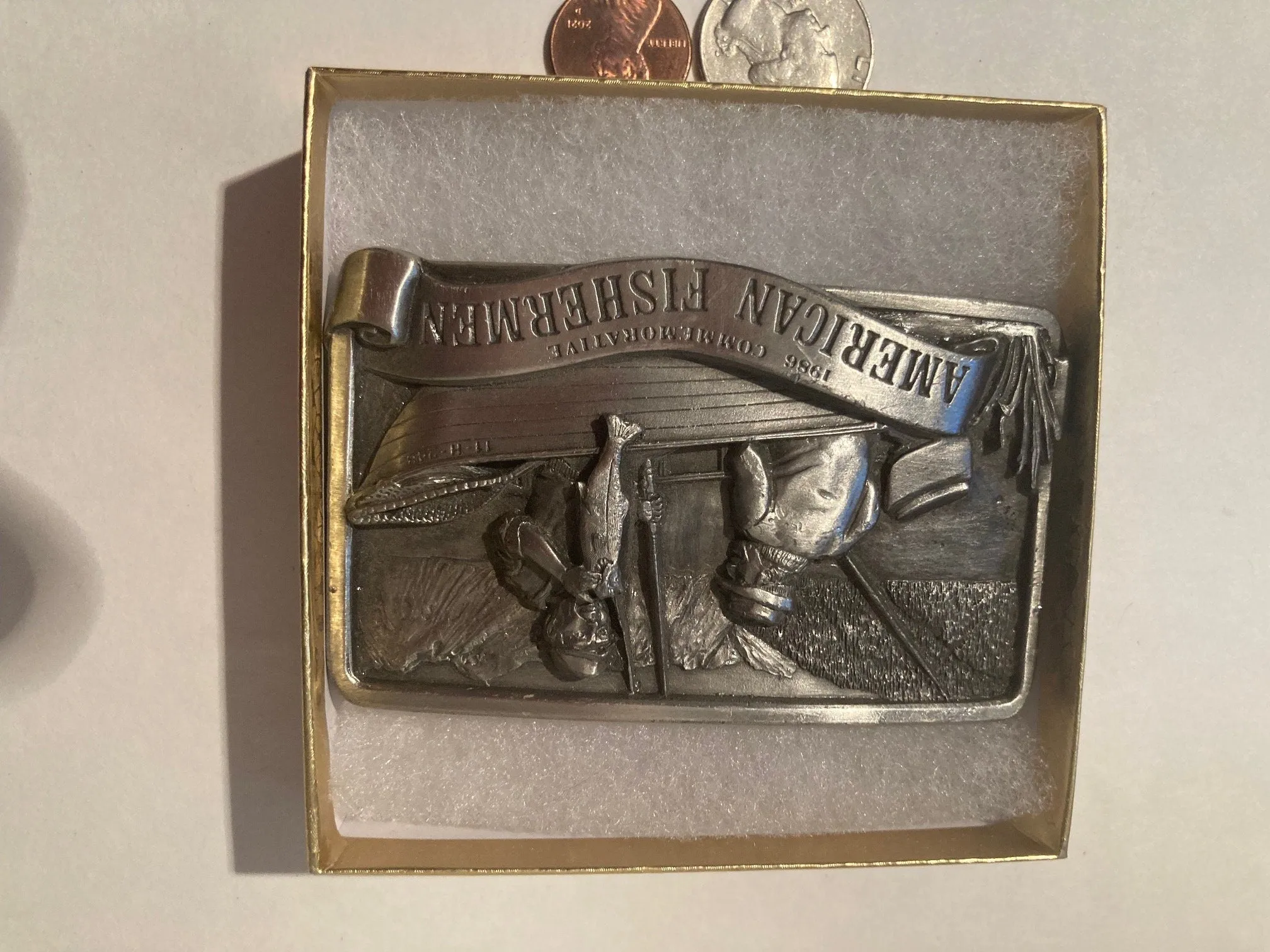 Vintage 1986 Metal Belt Buckle, American Fishermen, Fishing, Bass, Boat, Nice Design, 3 1/2" x 2 1/4", Heavy Duty, Quality, Thick Metal