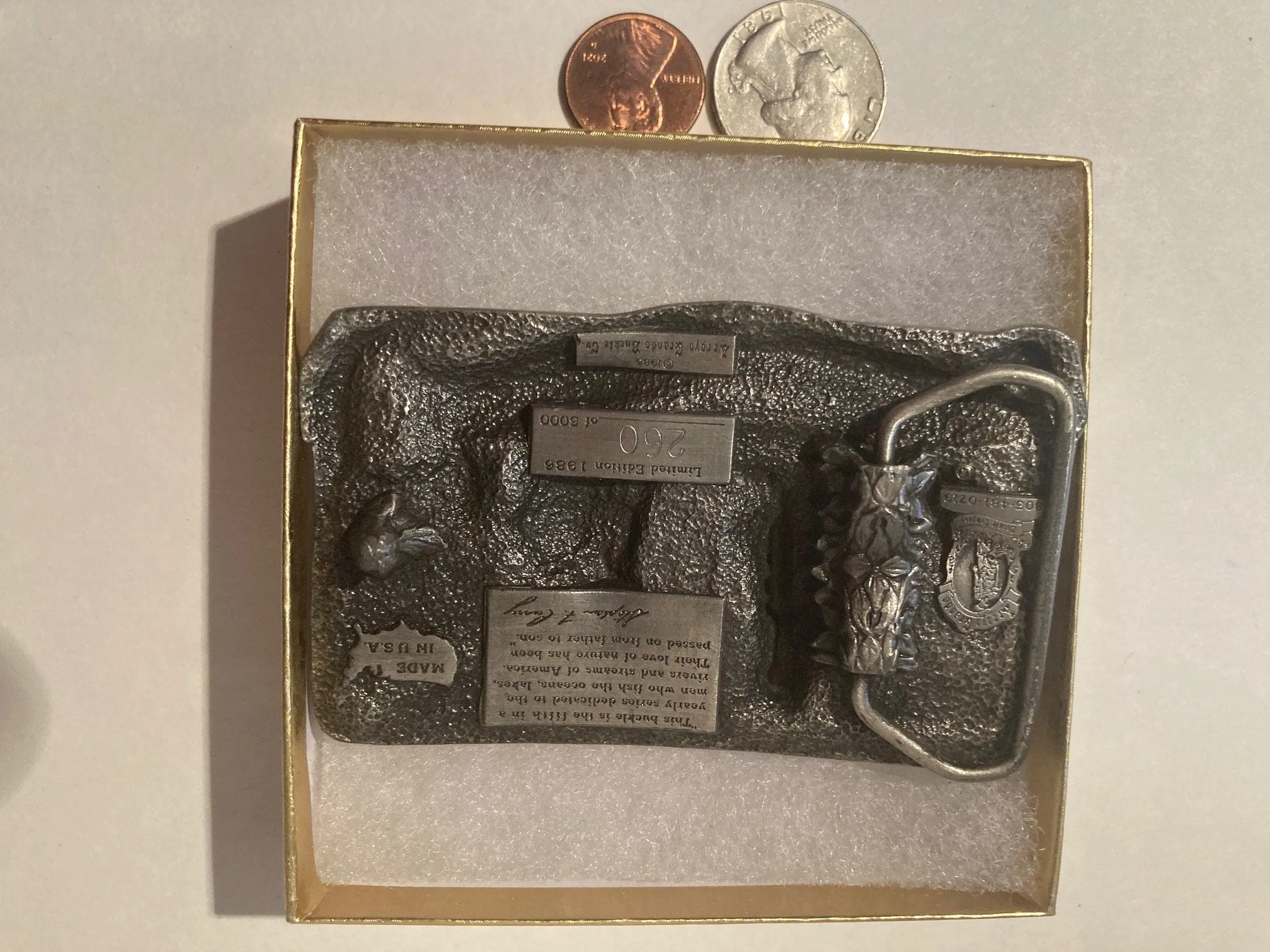 Vintage 1986 Metal Belt Buckle, American Fishermen, Fishing, Bass, Boat, Nice Design, 3 1/2" x 2 1/4", Heavy Duty, Quality, Thick Metal
