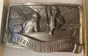 Vintage 1986 Metal Belt Buckle, American Fishermen, Fishing, Bass, Boat, Nice Design, 3 1/2" x 2 1/4", Heavy Duty, Quality, Thick Metal