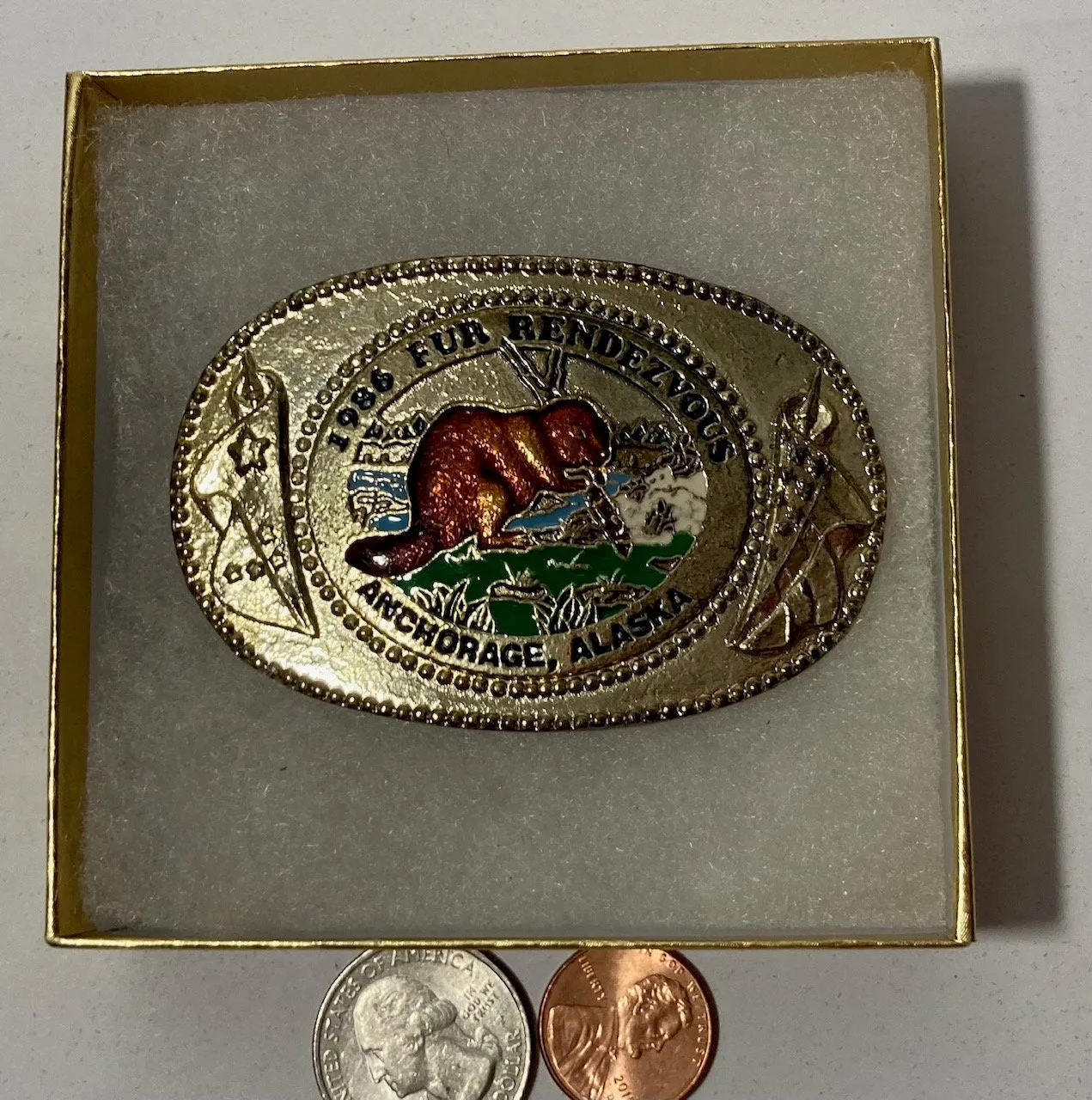 Vintage 1986 Metal Belt Buckle, Fur Rendezvous, Anchorage Alaska, Nice Western Design, 3" x 2", Heavy Duty, Quality, Thick Metal