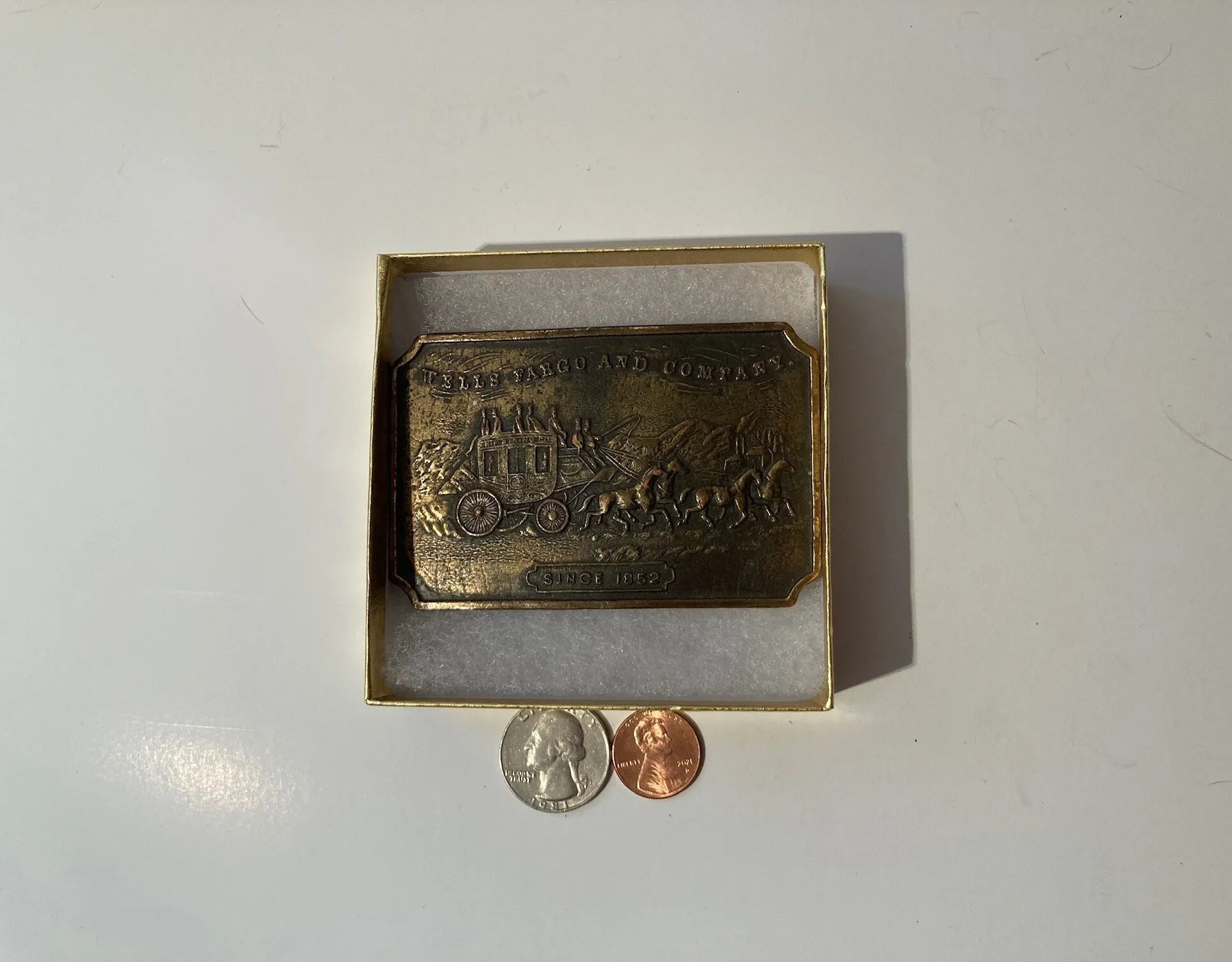 Vintage 1986 Metal Belt Buckle, Wells Fargo and Company, Bank, Heavy Duty, Quality, Thick Metal, 3 1/2" x 2 1/4", For Belts, Made in USA