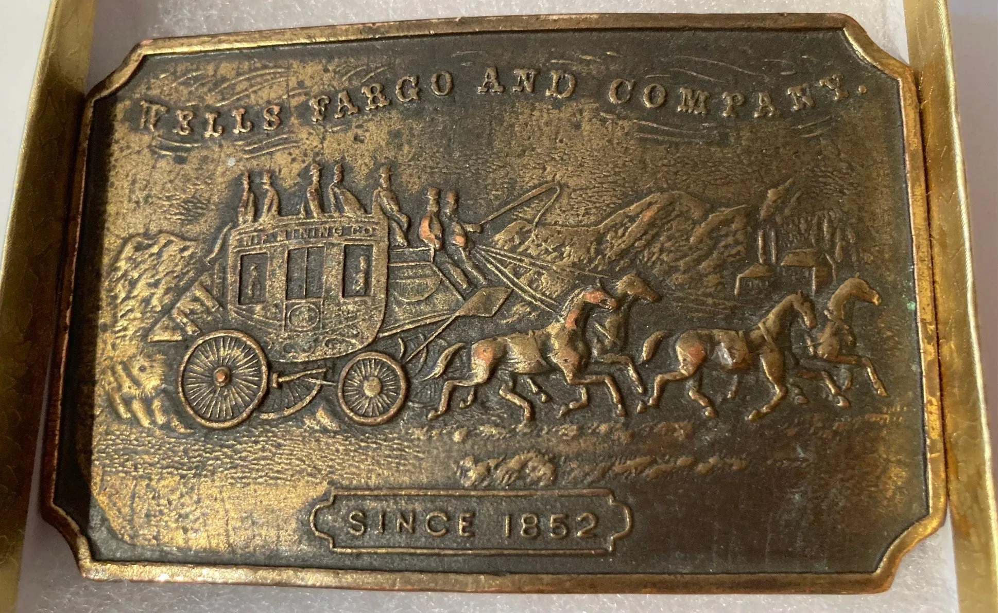 Vintage 1986 Metal Belt Buckle, Wells Fargo and Company, Bank, Heavy Duty, Quality, Thick Metal, 3 1/2" x 2 1/4", For Belts, Made in USA