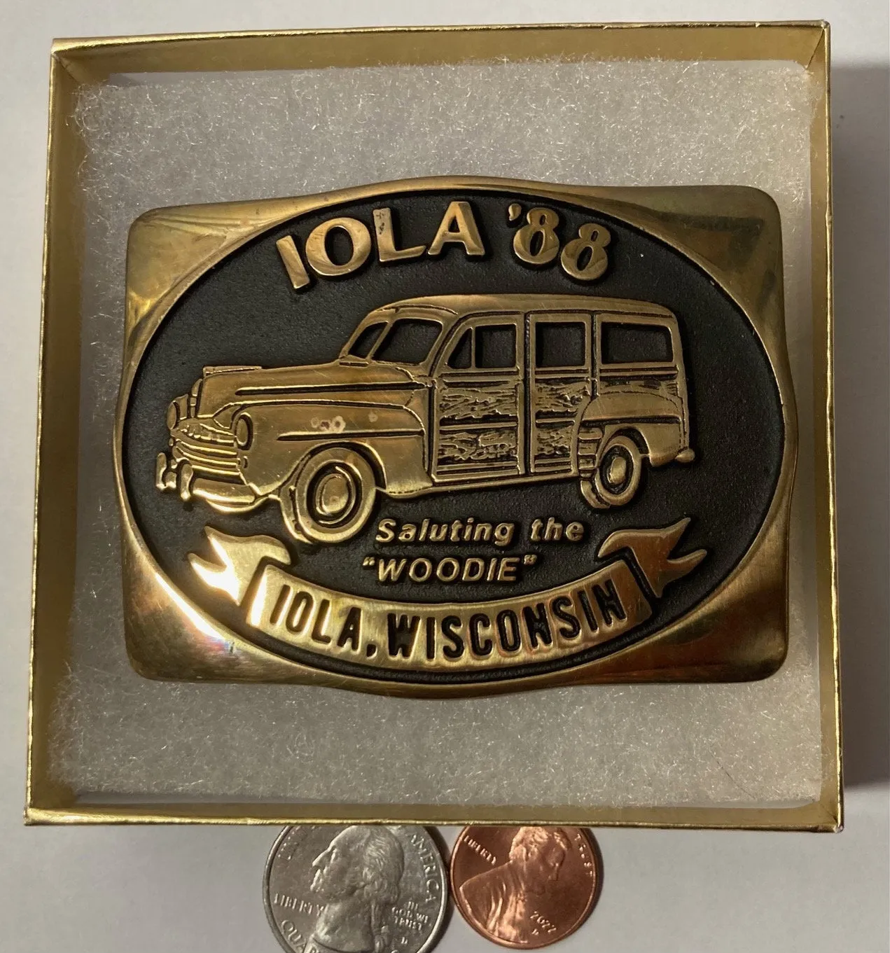 Vintage 1988 Metal Belt Buckle, Brass, Woodie, Automobile, Car, Iola, Wisconsin, Nice Design, 3 1/4" x 2 1/2", Heavy Duty, Quality