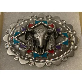 Vintage 1996 Metal Belt Buckle, Nice Native Design Style, Cow Skull,