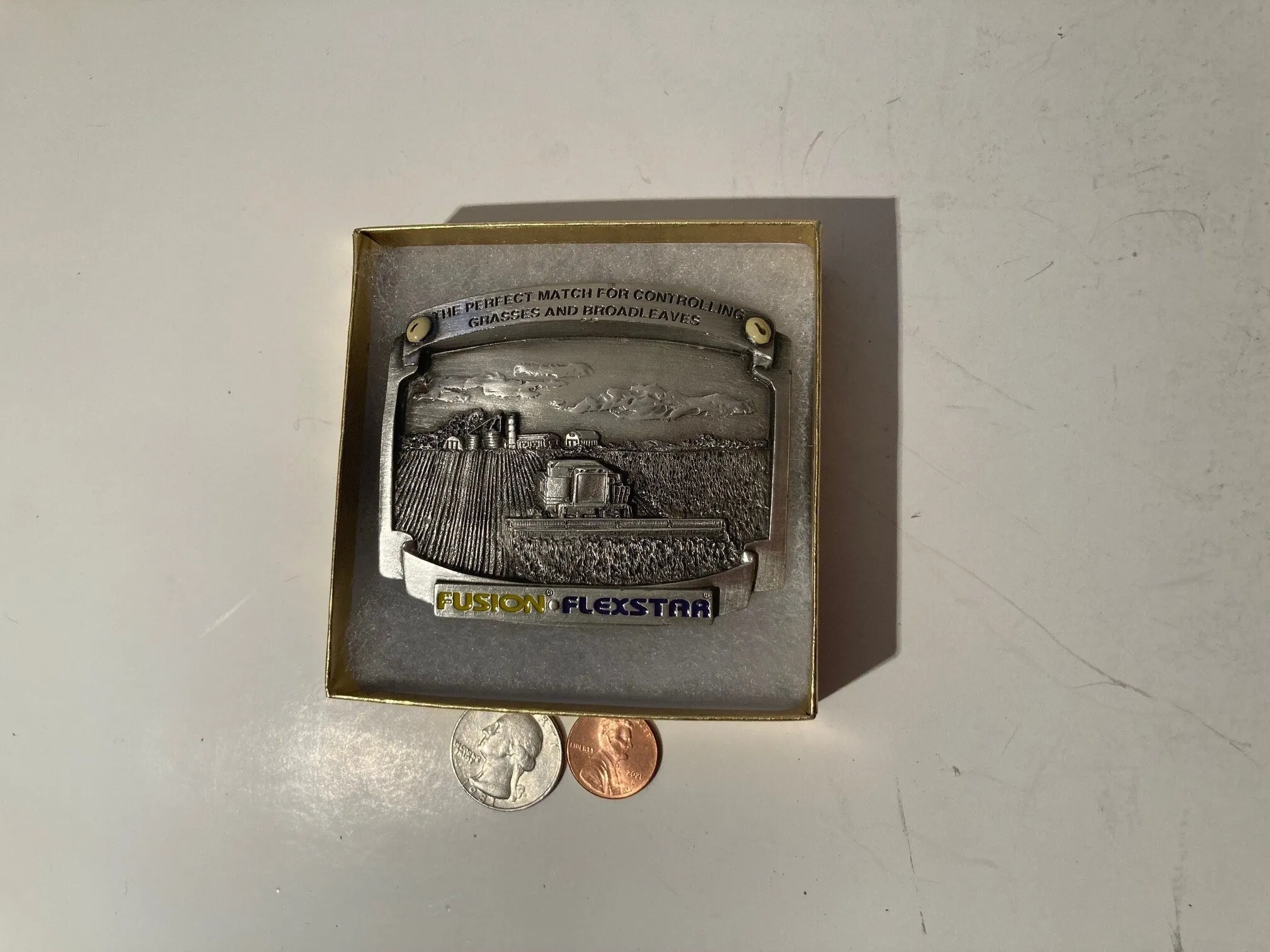Vintage 1997 Metal Belt Buckle, Fusion Flexstar, Grasses and Broadleaves, Tractor, Farming, Heavy Duty, Quality, Thick Metal, 3" x 2 3/4"