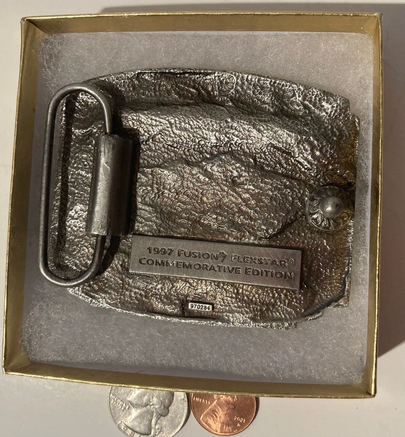 Vintage 1997 Metal Belt Buckle, Fusion Flexstar, Grasses and Broadleaves, Tractor, Farming, Heavy Duty, Quality, Thick Metal, 3" x 2 3/4"
