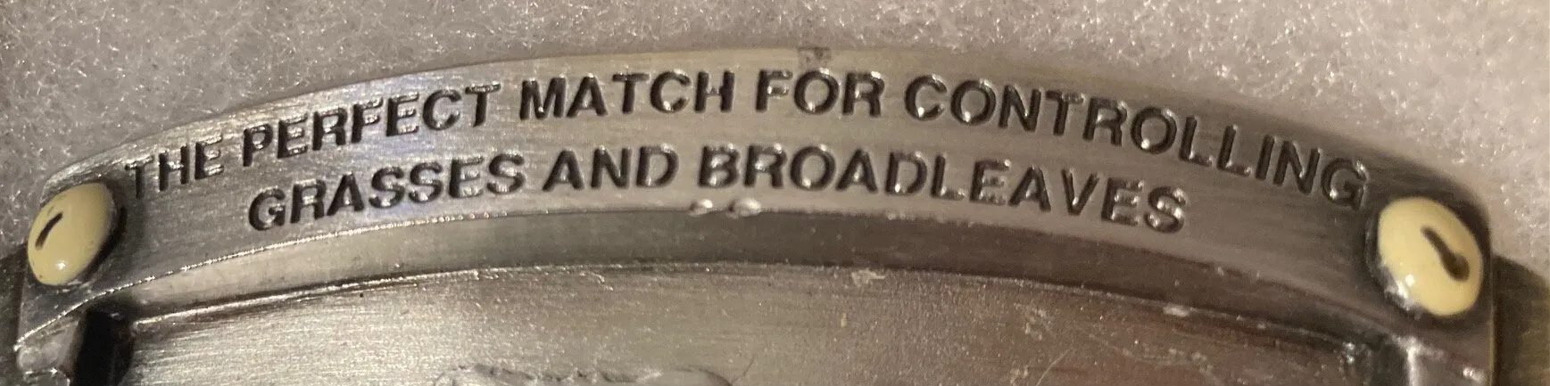 Vintage 1997 Metal Belt Buckle, Fusion Flexstar, Grasses and Broadleaves, Tractor, Farming, Heavy Duty, Quality, Thick Metal, 3" x 2 3/4"
