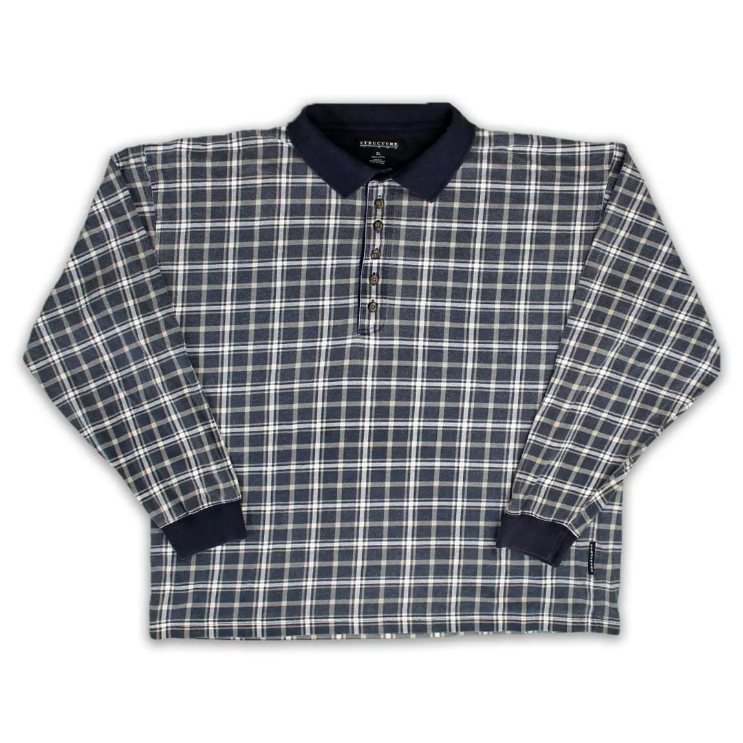 Vintage 90s Blue   White Plaid 1/4 Button Long Sleeve