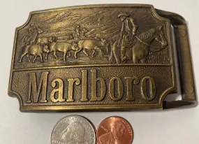Vintage Metal Belt Buckle, Brass, Marlboro, Cigarettes, Cowboy on Horse, Cattle Herding, Nice Design, 3 1/4" x 2 1/4", Heavy Duty, Quality