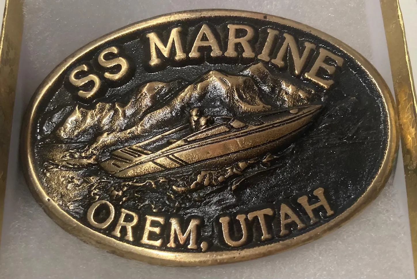 Vintage Metal Belt Buckle, Brass, SS Marine, Orem, Utah, Boats, Watercraft, Nice Western Design, 3 1/2" x 2 1/2", Heavy Duty, Quality