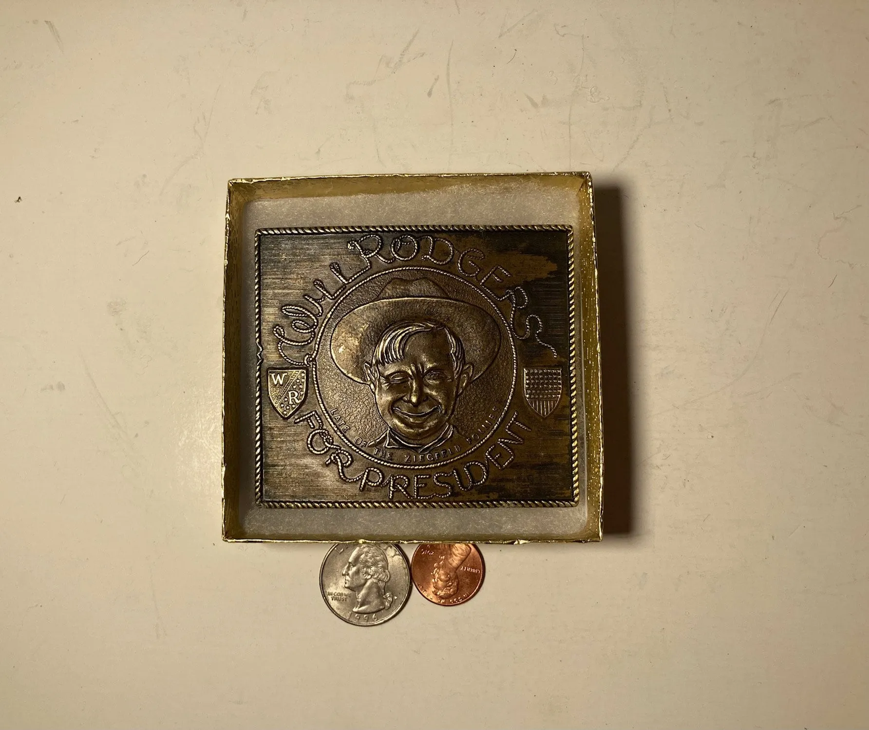 Vintage Metal Belt Buckle, Brass, Will Rogers For President, Nice Design, 3 1/4" x 2 3/4", Heavy Duty, Quality, Thick Metal, Made in USA