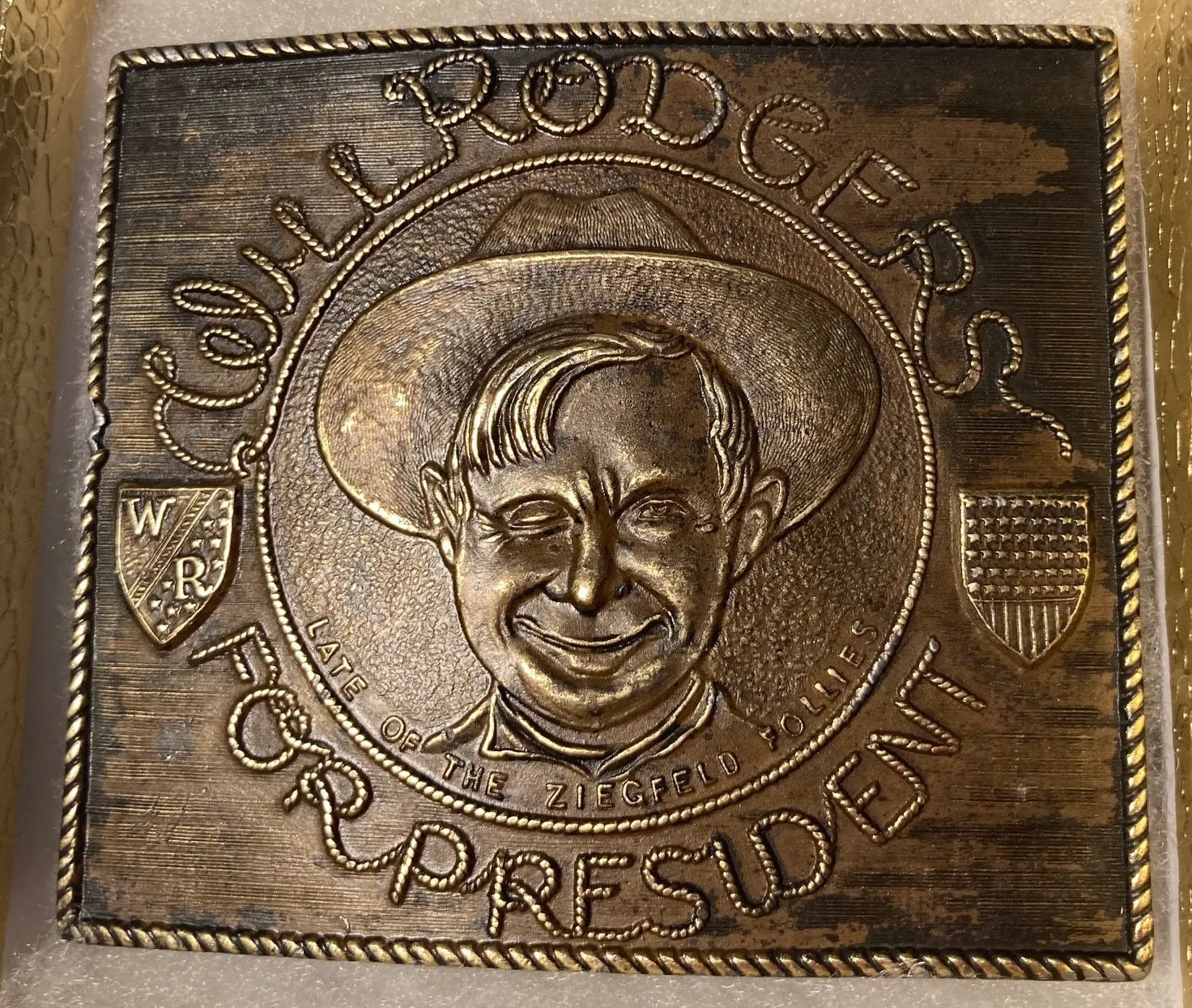 Vintage Metal Belt Buckle, Brass, Will Rogers For President, Nice Design, 3 1/4" x 2 3/4", Heavy Duty, Quality, Thick Metal, Made in USA