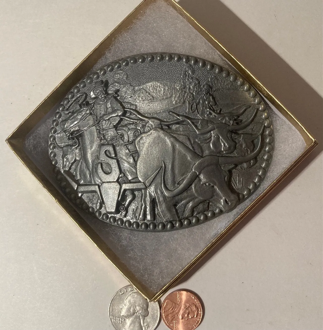 Vintage Metal Belt Buckle, Bull, Steer, Longhorn, Round Up, Nice Design, 4" x 3", Heavy Duty, Quality, Thick Metal, Made in USA, For Belts