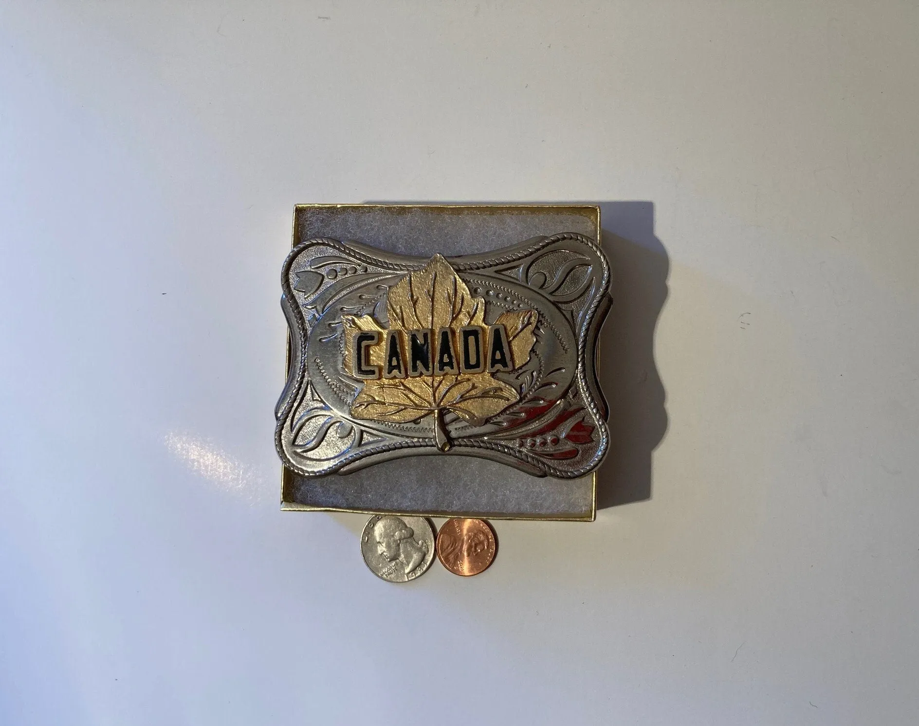 Vintage Metal Belt Buckle, Canada, Maple Leaf, Heavy Duty, Quality, Thick Metal, Made in USA, 4" x 2 3/4", For Belts, Fashion