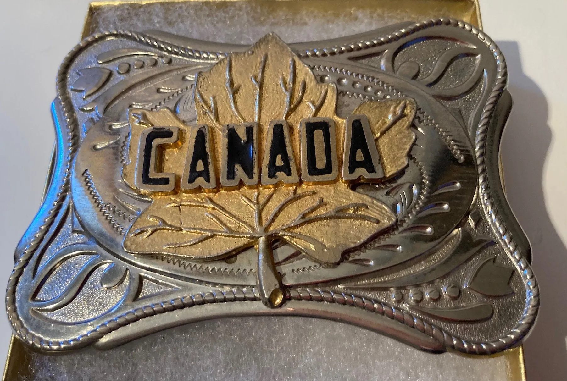 Vintage Metal Belt Buckle, Canada, Maple Leaf, Heavy Duty, Quality, Thick Metal, Made in USA, 4" x 2 3/4", For Belts, Fashion