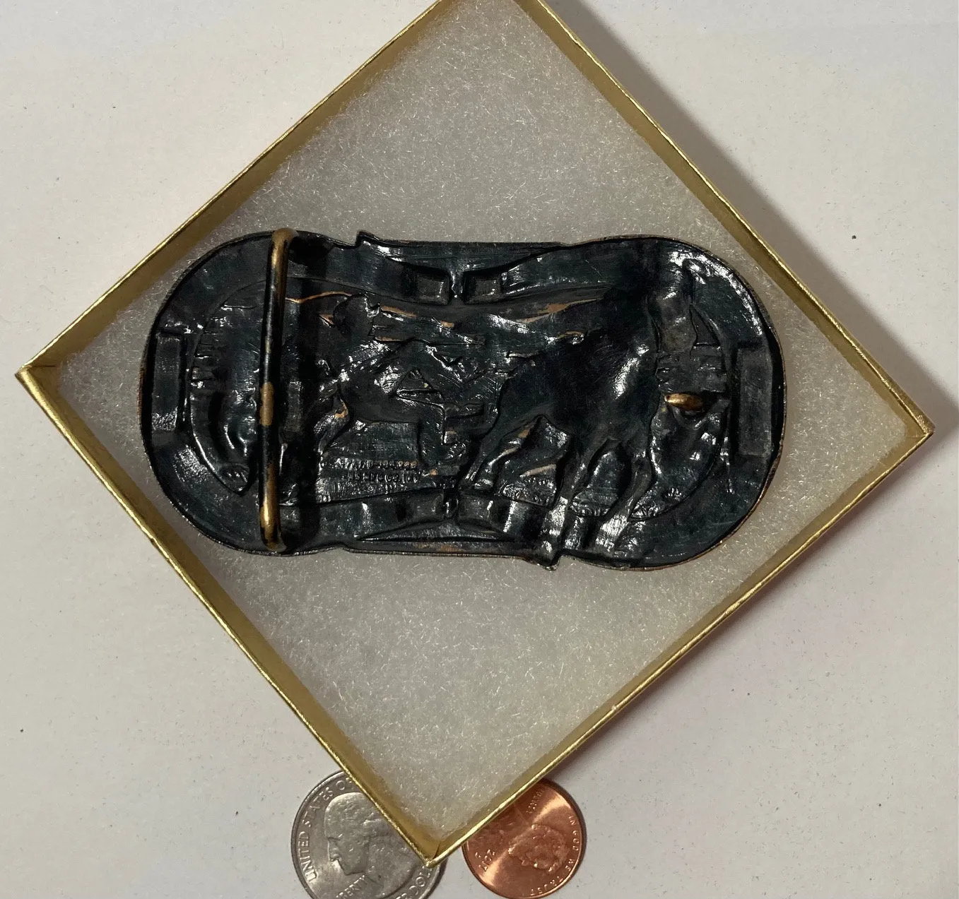 Vintage Metal Belt Buckle, Cow Wrestling, Nice Western Design, 3 1/2" x 2", Heavy Duty, Quality, Thick Metal, Made in USA, For Belts