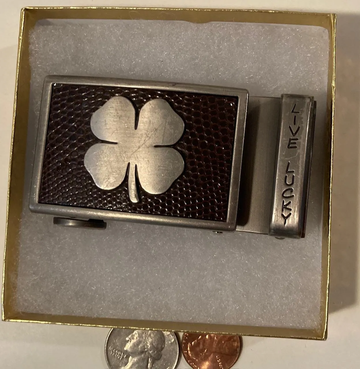Vintage Metal Belt Buckle, Four Leaf Glover, Good Lucky, Nice Design, 3" x 1 1/2", Heavy Duty, Quality, Made in USA, Thick Meta