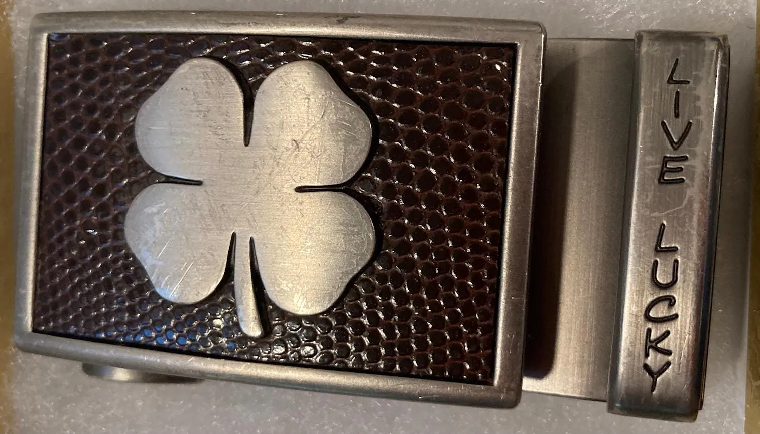 Vintage Metal Belt Buckle, Four Leaf Glover, Good Lucky, Nice Design, 3" x 1 1/2", Heavy Duty, Quality, Made in USA, Thick Meta