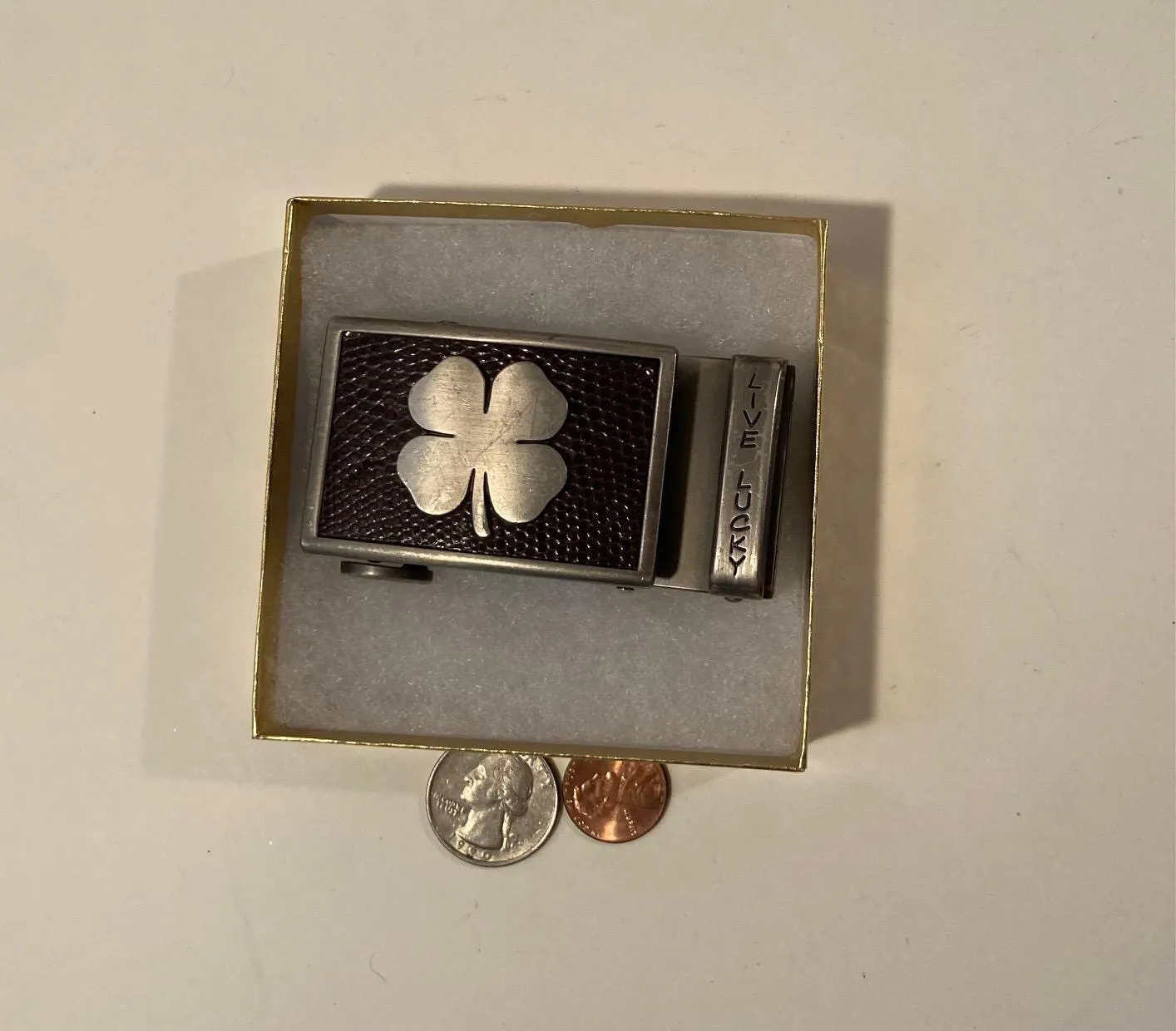 Vintage Metal Belt Buckle, Four Leaf Glover, Good Lucky, Nice Design, 3" x 1 1/2", Heavy Duty, Quality, Made in USA, Thick Meta