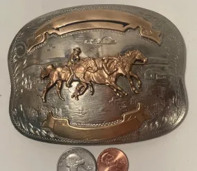Vintage Metal Belt Buckle, German Silver and Brass, Horses, Comstock, Big Size, 4 1/4" x 3 1/4", Cowboy Style, Heavy Duty