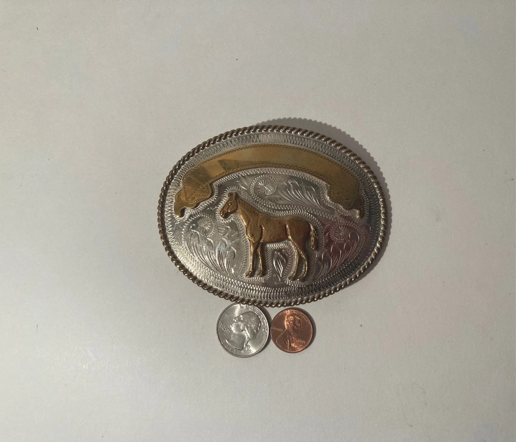 Vintage Metal Belt Buckle, Horse, 3 3/4" x 3", Alpaca Silver, Made in Mexico, Country and Western, Cowboy, Quality, Heavy Duty, Fashion