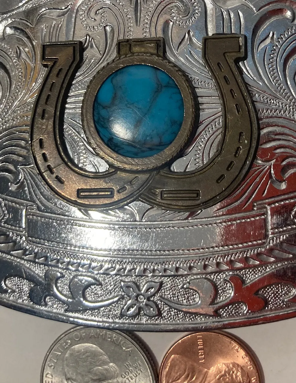 Vintage Metal Belt Buckle, Horseshoes, Blue Turquoise Stone, Rodeo, Cowboy, Nice Western Design, 3 3/4" x 2 3/4", Heavy Duty, Quality